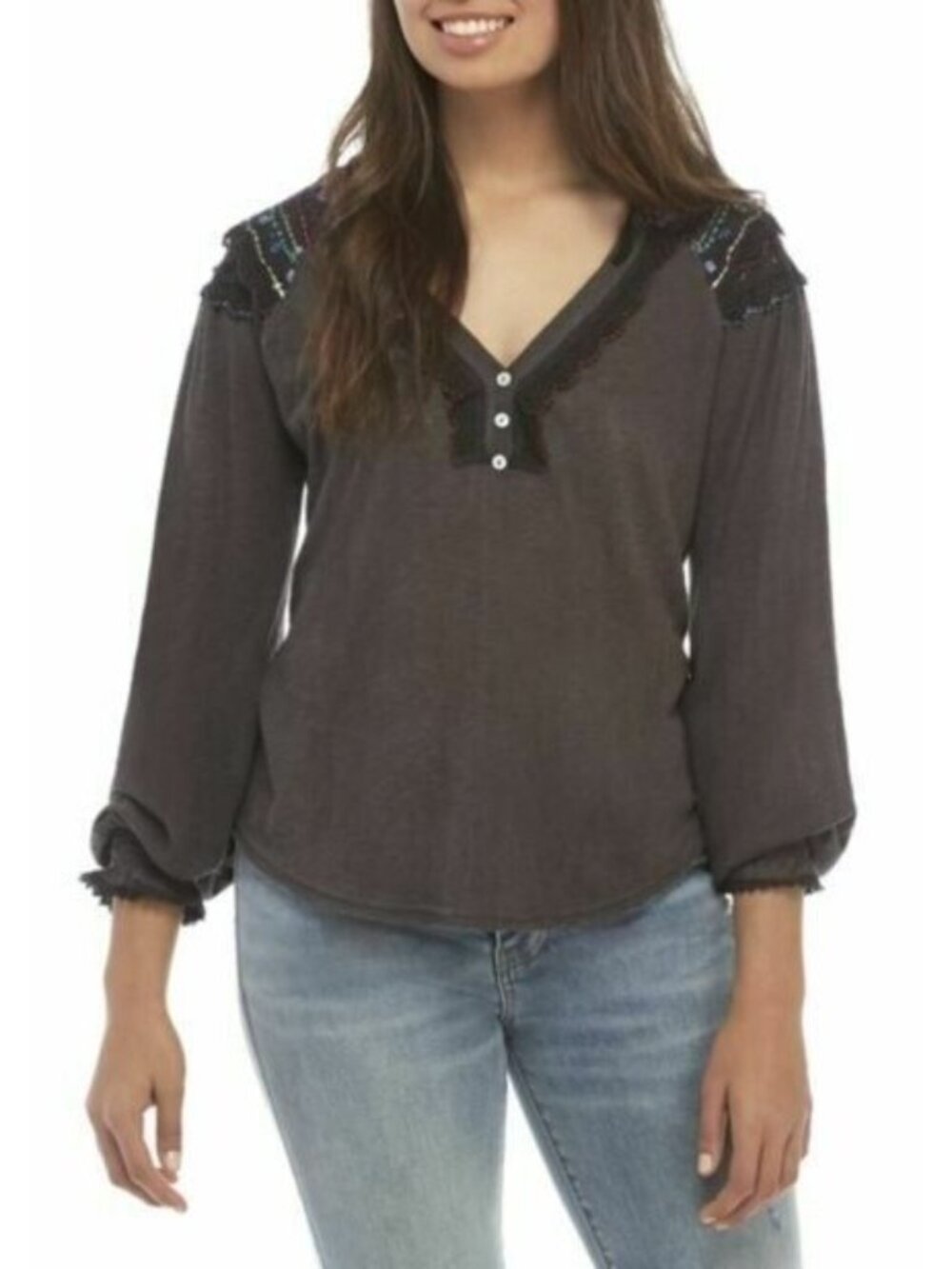 Free People embroidered Henley Top Siesta Fiesta Black Medium NEW NWT